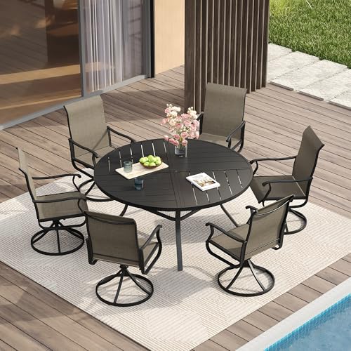 Image of VICLLAX Round Patio Table with Adjustable Umbrella Hole for 6, All Weather 47.2 inch Metal Outdoor Dining Table for Lawn Garden, Black