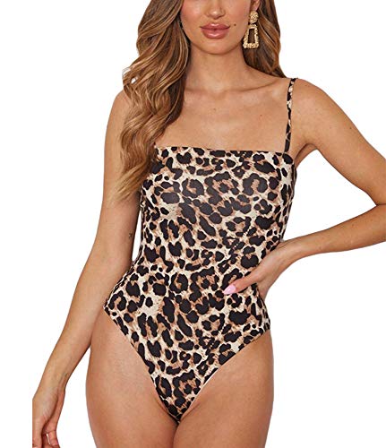 Women's Sexy Leopard Bodysuit, Spaghetti Strap Snakeskin Cami Leotard Top Sleeveless Bodycon Jumpsuit Romper,Leopard-2,L