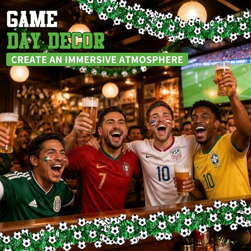 Image of 50Ft Soccer Tinsel Garlands, Green Glitter Tinsel Garland with 3D Soccer Cutouts, Metallic Holiday Hanging Streamers for Game Day Party Sports Bar Indoor Outdoor Party Decor