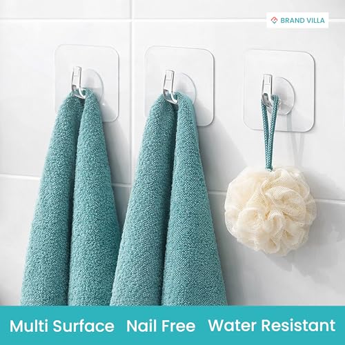 Image of BRAND VILLA Adhesive Wall Hooks Heavy Duty, Waterproof No Drill Clear Sticky Hooks for Bathroom Kitchen Shower, Strong Self Adhesive Hooks for Towels, Utensils, Keys - Damage-Free (20 Pack)