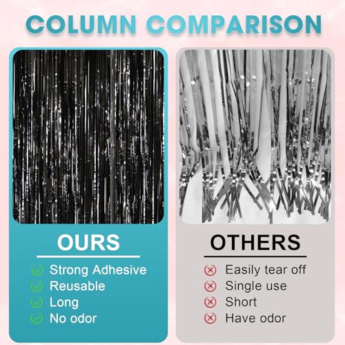 Image of Voircoloria 2 Pack Black Tinsel Foil Fringe Curtains, Black Party Decorations, Metallic Tinsel Party Streamers Backdrop for Birthday Halloween New Years Graduation Party Decorations