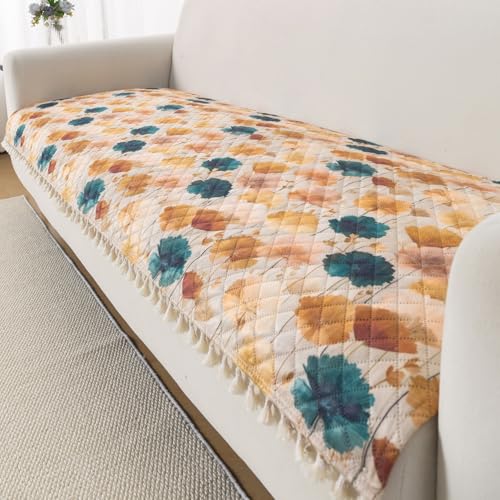 Image of HOKIPO Boho Wildflower Quilted Sofa Cover Mat for 3 Seater Sofa with Tassels 'Tassel Twigs' Series (IN-985-T11)