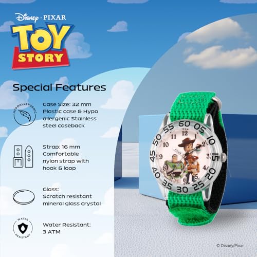Disney Pixar Toy Story Watch for Boys Ages 3–7 – Featuring Woody and Friends Dial – Great Gift for Kids Who Love Toy Story Toys – Silver Case, Clear Bezel, and Green Fabric Strap with Velcro4