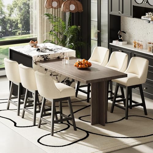 MALOL Juego de 6 Butacos Giratorios, 27" de Altura para Barra de Cocina con Asientos Acolchonados y Patas de Madera Maciza, Butacos Tapizados para Isla de Cocina miniatura 1