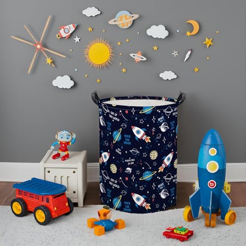 Image of Kids Laundry Basket Baby Hamper for Nursery Boys Kids Hamper Cute Storage Bin Organizer Butterfly Room Decor for Home(Rocket Planet)