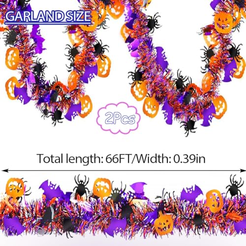 Image of 66 Ft Halloween Tinsel Garland with Orange Pumpkin Black Spider Purple Bat Glitter Tinsel Garland for Home Tree Ornaments Indoor Outdoor Party Halloween Decorations