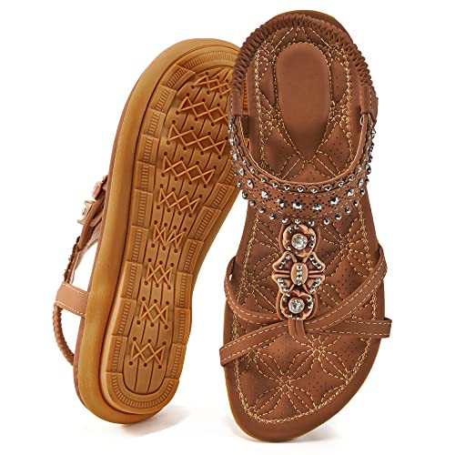 Ecetana Womens Flats Sandals Dressy Summer Boho Comfortable Casual Ankle Strap Non Slip Rhinestone Shoes