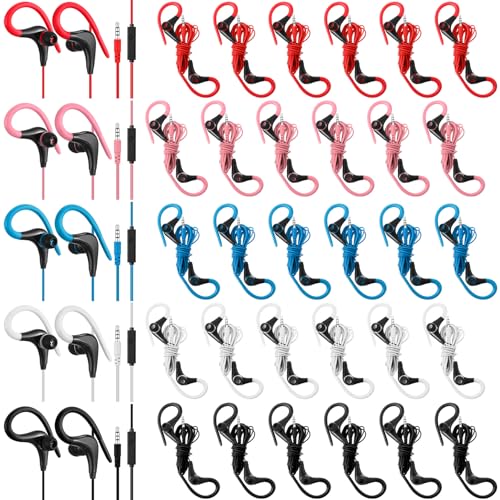 Image of Konohan 30 Pcs Over The Ear Earbuds Wired Sport Running Earphones Bulk 3.5 MM Plug Jack Wired Earbuds with Microphone Sweatproof Wrap Around Headphones with Over Ear Hook, 5 Colors