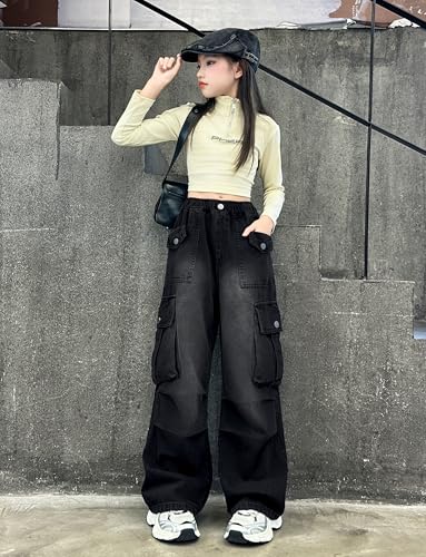 Image of Rolanko Girls Cargo Pants Baggy Y2K Cargo Trousers Jeans Wide Leg Pants with Multi Pockets 4-15 Years