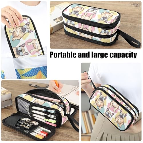 Image of Fustylead Cute French Bulldog Wear Glasses Large Pencil Case Portable Stationery Bag Cosmetics Bag with Handle for School Office Travel
