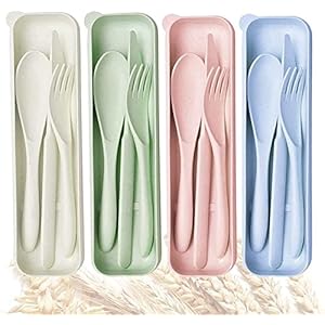 4 draagbare reisbesteksets van kunststof met etui voor campingpicknick, herbruikbare lepelvorksets voor outdoor-servies, milieuvriendelijk, beige-groen-blauw-roze