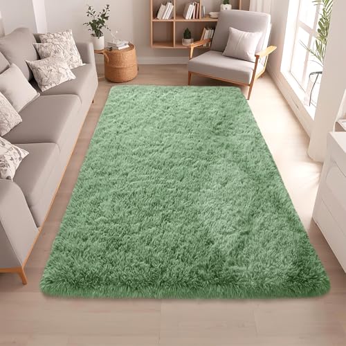 Green Fluffy Rugs for Living Room 5x7 ft - Ultra Soft Faux Fur Area Rug - Plush Non-Slip Shaggy Carpet for Bedroom, Kids Boys Girls Dorm Nursery Room