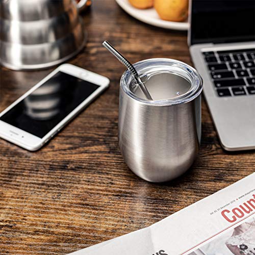 Comooo 12Oz Insulated Wine Tumbler With Lid, Stainless Steel Stemless Wine Tumbler Glass,Double Wall Vacuum Wine Tumbler Cups With Straw For Gift Coffee, Cocktails,Beer,Champaign Silver, 8 Pack #TOP3