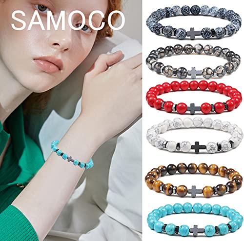SAMOCO 12Pcs Natural Stone Beaded Bracelets for Women Men Semi-Precious Gemstones Bracelets Crystal Cross Beaded Bracelet Unisex Adjustable Stretch Bracelets 8MM2