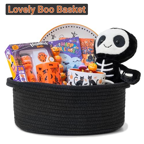 Image of 2-Pack Small Woven Gift Baskets Empty with Bags & Ribbons - Gifts for Father's Day, Baby Shower, Birthdays & Raffle - Cotton Rope Storage Basket for Dog Toys or Shelf - 12 inchx8 inchx5 inch, All Black