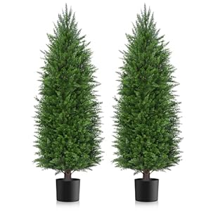 4FT Artificial Topiary Cedar Plants Outdoor, Faux Pine Trees UV Resistant and Potted, 48 Inch Tall Fake Shrubs Evergreen for Front Porch Decor Set of 2
