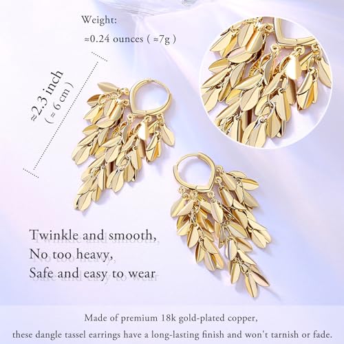 18K Gold Plated Leaf Hoop Earrings for Women, Long Tassel Dangle Drop Earrings, Chunky Gold Chandelier Earrings4