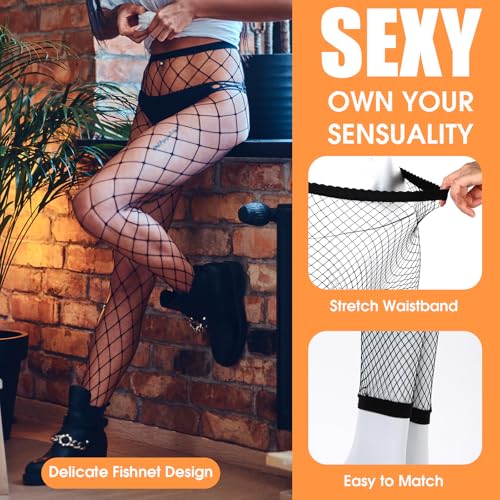 3 Pairs Women's Fishnet Stockings, Stretchy Footless Fishnet Tights Thigh High Waist Fish Nets Black Leggings Pantyhose for Women, One Size3