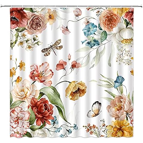 Boho Floral Shower Curtain Vintage Flower Plant Butterfly Dragonfly Mushroom Wildflowers Blossom Botanical Rustic Retro Women Girl Bathroom Curtains Decor Fabric with Hooks Cover