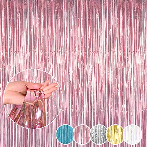 ILLUVA Metallic Tinsel Foil Fringe Curtains Photo Booth Backdrop Hanging Door Streamers for Birthday Party Pink Party Decorations-3.2Ft x 6.56Ft
