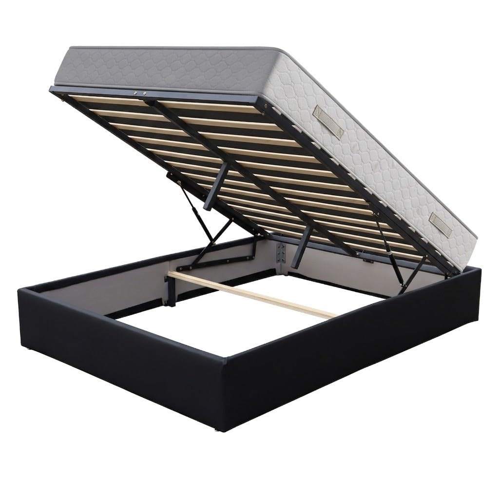 Ensemble Lit Coffre et Matelas 180x200 cm - Couleur : Noir - Sommier Relevable avec Vérins Hydrauliques - Matelas Soutien Très Ferme Haute Densité - Lit Coffre Déhoussable