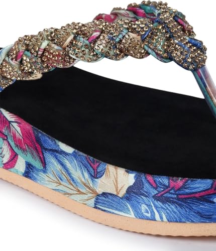 Image of ZAPATOZ Women's Floral Platform Sandals with Braided Gold Embellishment, Black Velvet Thong Slippers, Printed Sole Design