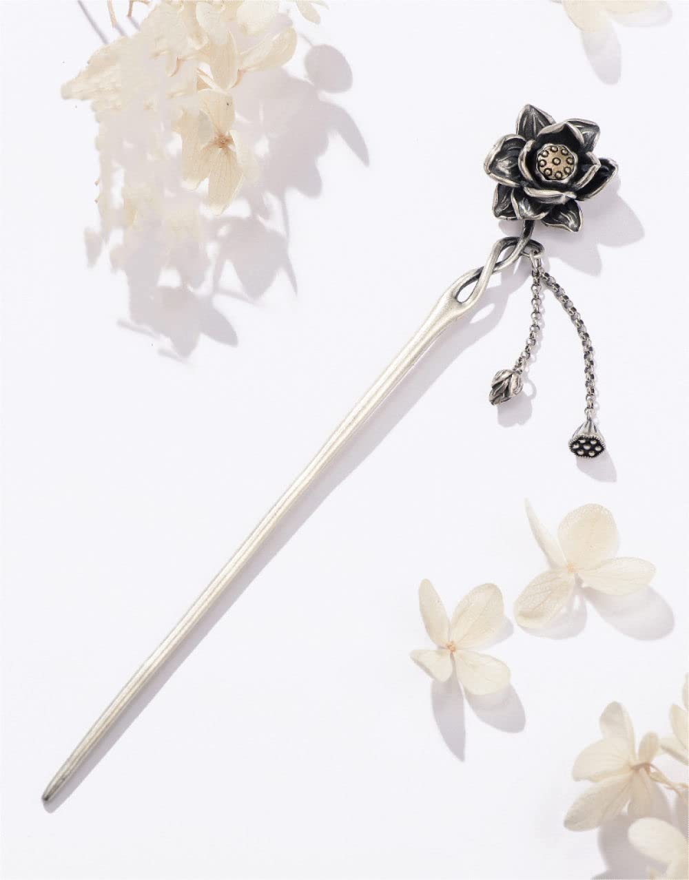 Vintage Haarstäbe Retro Haarnadel, S925 Sterling Silber chinesische Haarstäbchen, verzierte Lotus Samenkapsel Haarstäbe mit Quaste,