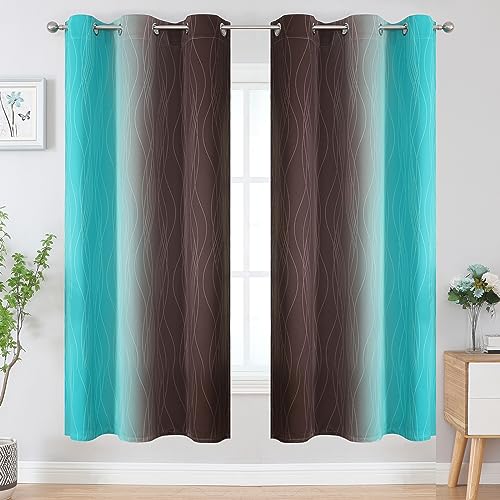 Estelar Textiler Brown and Teal Ombre Blackout Curtains 72 Inches Length for Bedroom, Thermal Insulated Light Blocking Grommet Gradient Blackout Drapes for Living Room, 42Wx72L, 2 Panels