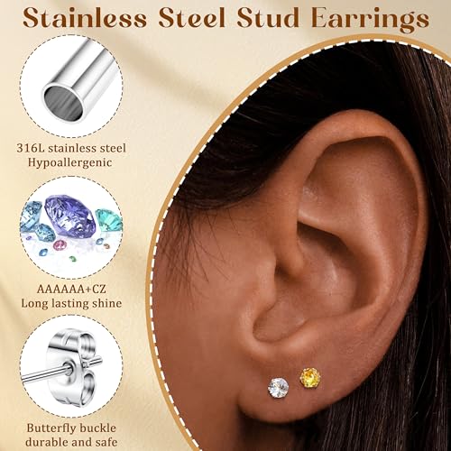 LOYALLOOK 12 Pairs Stainless Steel Cubic Zirconia Stud Earrings, Brilliant Cut Round CZ Earrings set, Birthstone Stud Earrings for Women3
