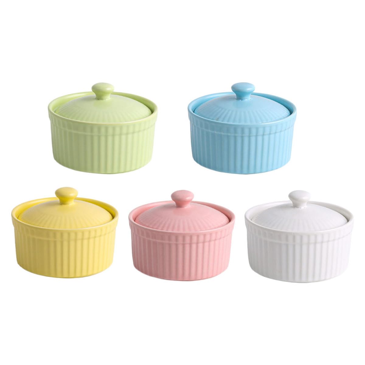 COLLBATH Juego de 5 Tazones de Cerámica para Postres y Pudín con Tapa, Colores Surtidos (,), Aptos para Horno y Microondas, Vajilla Multiusos para Repostería y Cocina Diaria