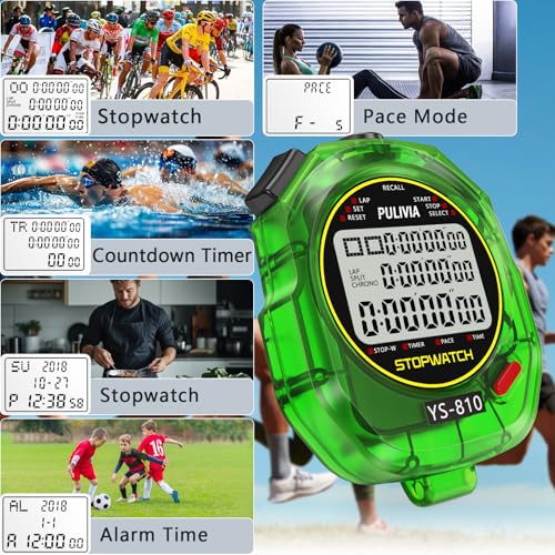 Image of Stopwatch Timer 10 Splits /Laps Digital Stop Watch for Sports, Countdown Alarm Clock Date Memory Recall Large Display, Stopwatch for Coaches PE-Teacher Referee, Green
