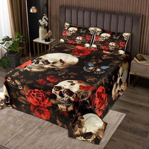 Manfei Gothic Skull Kids Bedspread Twin Size,Rose Flowers Butterfly Botanical Coverlet Set,Boys Girls Room Decor,Happy Halloween Skeleton Moth Quilted Coverlet,Boho Exotic Bedding Quilt,1 Pillowcase