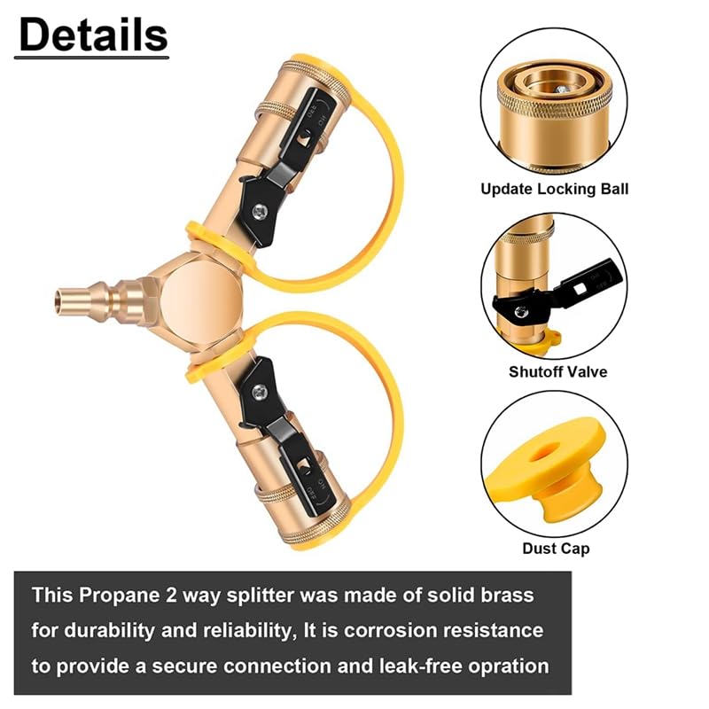 1/4 inch RV Propane Quick Connect Y-Splitter Adapter with Shutoff Valve Full Flow Plug 2 Way LP Gas Adapter for RV - (Color Name: Gold)