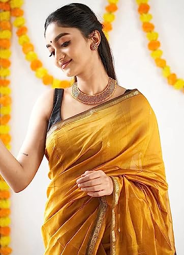 Image of SGF11 Women's Kanjivaram Soft Cotton Linen Silk Saree With Blouse Piece (Yellow Black)