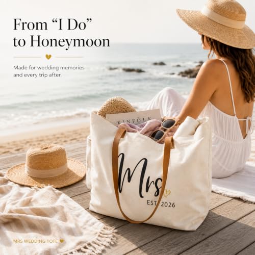 Image of ELEGANTPARK Mrs Gifts for Bride 2026 - Large Canvas Wedding Tote Bag with Zipper, Bridal Shower Gift for Bride to Be, Bachelorette Party Honeymoon Beach Bag