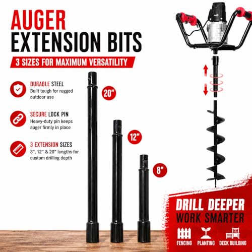 Image of XtremepowerUS 3 Pieces Auger Extension Drill Bits (8 inch, 12 inch, 20 inch Length) Extension Earth Ice Auger Extension Set Post Hole Digger Replacement Compatible to 3 /4 inch Shaft Post Hole Digger Replacement