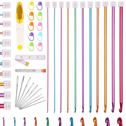 Reessy 32 Pcs Tunisian Crochet Hooks Set 27 cm Long Aluminium Tunisian Crochet Hook 11 Sizes 2.0-8.0 mm Afghan Tunisian Crochet Needles Set for Beginners Adults