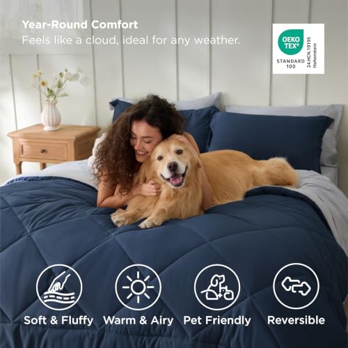 Image of Bedsure King Size Comforter Set - 7 Pieces Reversible Navy Bedding, King Size Bed Set for All Seasons, Bed in a Bag with Down Alternative Comforter, Sheets, Pillowcases & Shams