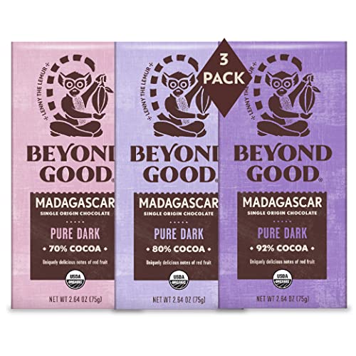 Beyond Good Chocolate Bars | Variety 3 Pack Pure Dark Chocolate Bars | Gift Box Included | Organic, Direct Trade, Vegan, Kosher, Non-GMO | Single Origin Madagascar Heirloom Chocolate