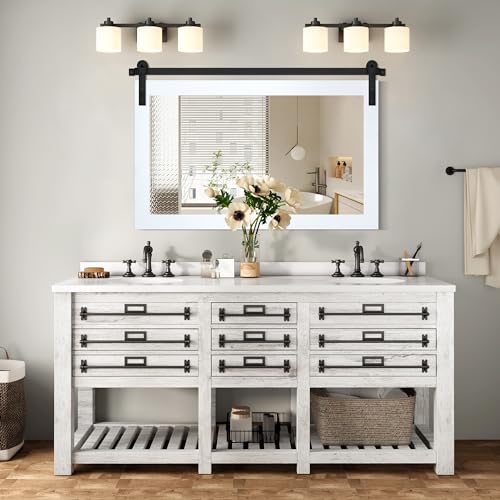 Image of COGOOD Farmhouse Barn Door Mirror - 41 inch x 26 inch Rustic Wood Framed Mirror for Bathroom, Living Room, Entryway Wall Decor (Pure White)