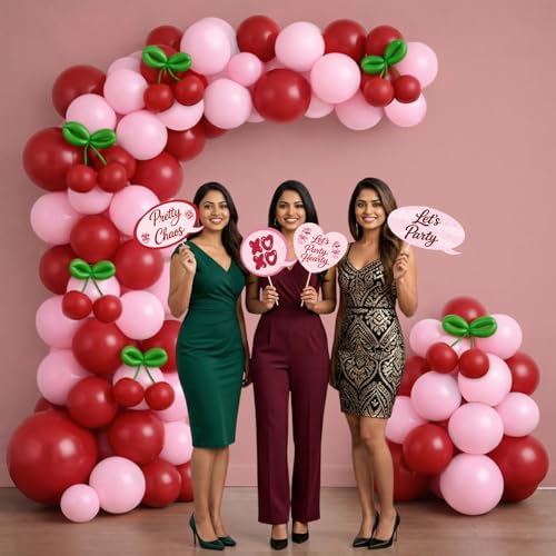 Image of Party Propz Cherry Theme Birthday Decoration Kit -115 Pcs, Birthday Decoration Items with Cherry Theme Props, Happy Birthday Banner, Balloons for Birthday, Birthday Decor Kit for Girls (Cardstock)