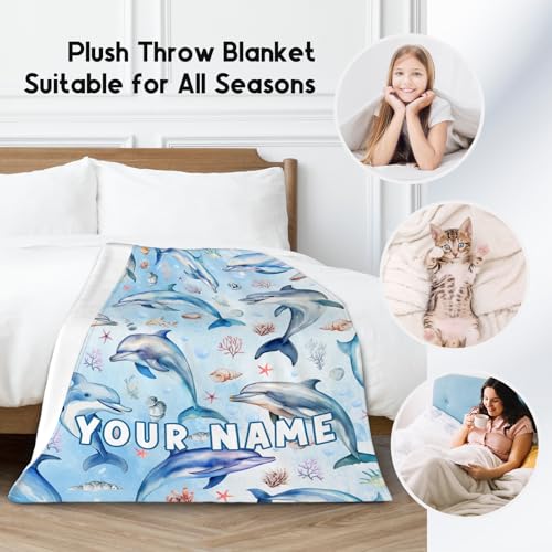 Custom Dolphin Blanket with Name for Kids, Cute Soft Gifts for Ocean Lovers, Cozy Flannel Throw for Couch Sofa, 30"x40"