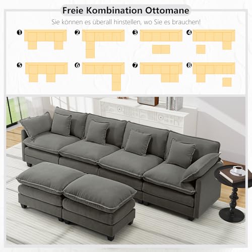 Urhanherry Sofa U Form, Bequeme Cloud Couch 6 Sitzer mit 2 Ottomane Sektionssofa, Atmungsaktivem Chenille-Stoff, Couch für Wohnzimmer Schlafzimmer, Dunkelgrau – Bild 6