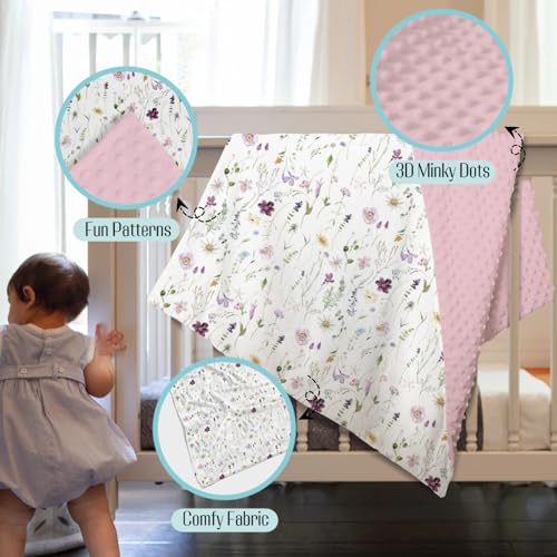Image of Mink Baby Girls Blankets Pink Purple Floral, Watercolor Wildflower Soft Double Layer Dotted Backing Receiving Swaddle, Flower Newborn Infant Toddler Nursery Crib Bedding Shower Gift 30 x 40 In