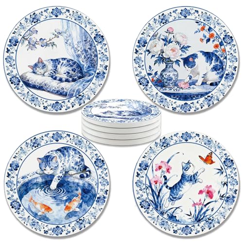 zcyhtqp, Funny Absorbent Round Ceramic Stone Coasters Set of 4 with Cork Base, Blue White Chinoiserie Coasters, Funny Coaster for Drinks, Gifts for Home, Bar, Office Table Decor