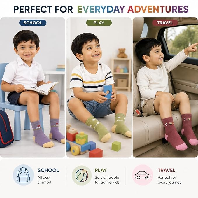 Image of Kids Cotton Crew Socks for Boys & Girls (3-5 Years) | Soft Breathable Cotton Blend Daily Wear Socks | Bear Love & Hello Print | Comfortable Crew Length | Pack of 6 | Multicolour