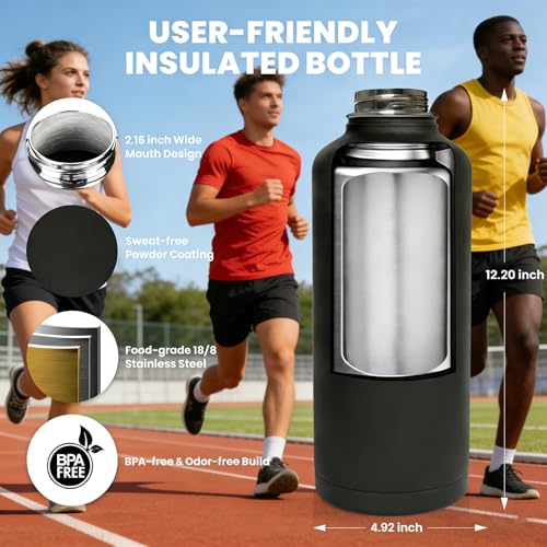 Image of 0.68 Gallon Large Insulated Water Bottle with Handle, 87 oz, Black, 2.57 L Tumbler Jug, Insulated Container, Insulated Jar, Leak-Proof, 304 SS Thermal Mug, Hot /Cold Beverages, Sports, Travel, Gym