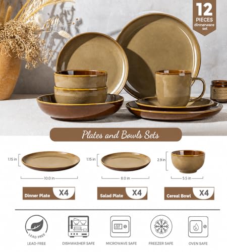 Image of LERATIO Ceramic Dinnerware Sets for 4, 12 Pieces Ceramic Plates and Bowls Sets, Scratch Resistant Dish Set, Oven, Microwave & Dishwasher Safe- Chestnut