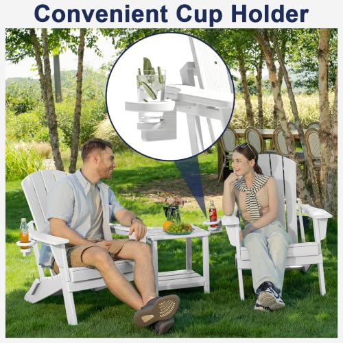 Image of Plawdlik Folding Adirondack Chair 12-piece Set, Cup Holder, White | pin-free folding, 38-in tall back, Wood-grain All-weather HDPE; for fire pit, poolside, deck, backyard, patio