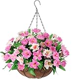 Artificial Flowers with Hanging Basket Planter for Home Decoration, Silk Rose Peony Outdoor Indoor Garden Yard, Metal Coconut Lining Basket with Faux Plant, Pink Light